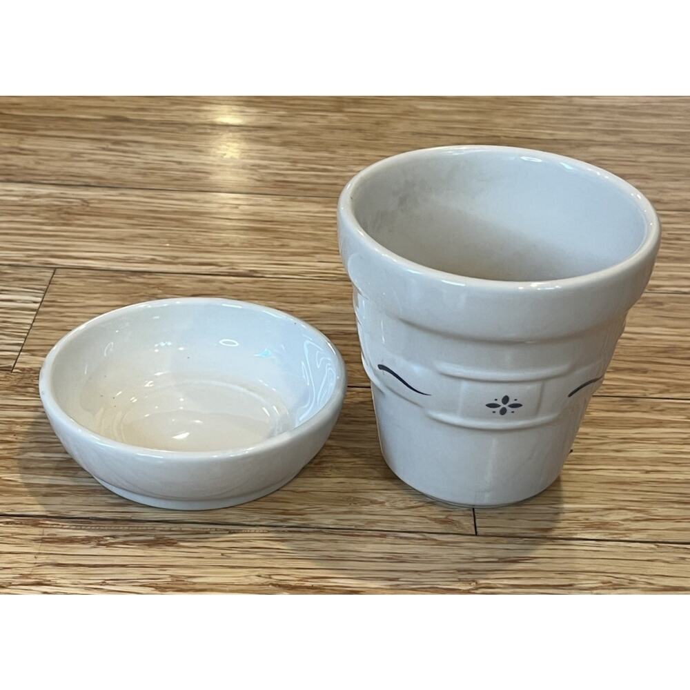 Longaberger Pottery Woven Traditions Classic Blue 4.25”Flower Pot & Saucer USA - Picture 2 of 6